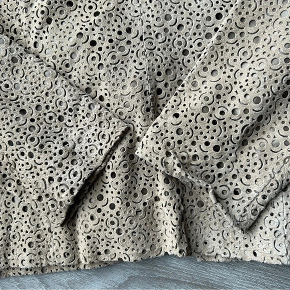 Chico's Tan Genuine Leather Laser Cutout Long Sleeve Open Front  Jacket - Picture 12 of 12